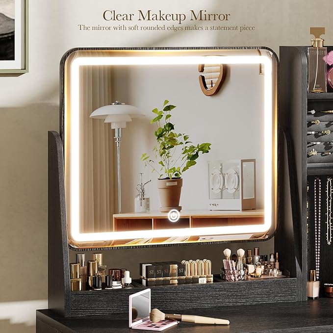 Memobarco Fluted Vanity Desk with Mirror and Lights, Small Makeup Vanity with 2 Drawers and Jewelry Storage Cabinet, 3 Lighting Modes Adjustable Brightness, Dressing Table for Bedroom - Black