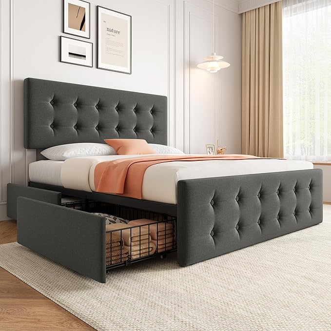 IDEALHOUSE Full Size Bed Frame with 4 Storage Drawers and Headboard, Linen Upholstered Platform Bed Frame with Wooden Slats Support, Button Tufted Design, No Box Spring Needed, Light Grey