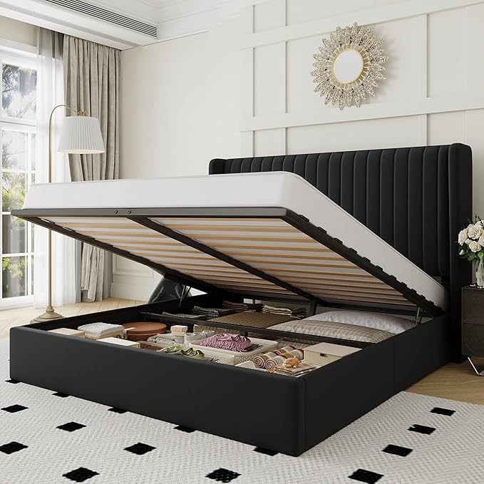 Allewie Queen Size Lift Up Storage Bed Frame, Hydraulic Support System, Upholstered Platform Bed Frame, Underneath Storage, Vertical Channel Tufted Headboard with Wingback, No Box Spring Needed, Black