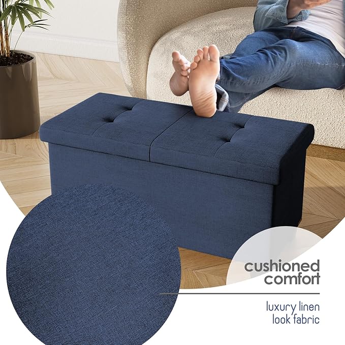 Storage Ottoman Bench with Bins, 30-in Storage Bench for Bedroom End of Bed, Folding Foot Rest Ottoman for Living Room Max 660lbs, Fabric Ottomans, Blue