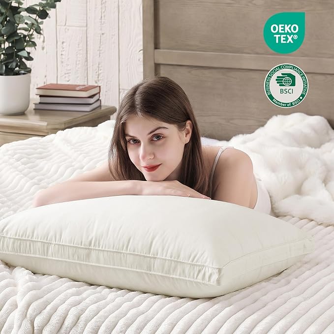 puredown® Gusseted Goose Feather Down Pillows, 100% Organic Cotton Cover, Luxury Hotel Collection Bed Pillows for Sleeping Set of 2, Queen Size