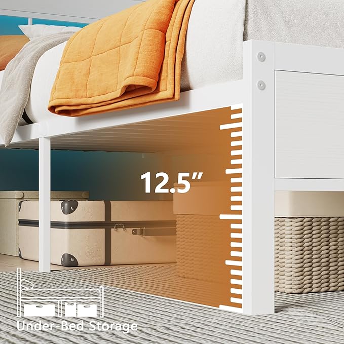 Furnulem Full Size Bed Frame with LED Light and Charging Station, Wood Storage Headboard with 2-Tier Shelves, Metal Platform Bed with Heavy Duty Slats Support, No Box Spring Needed, White