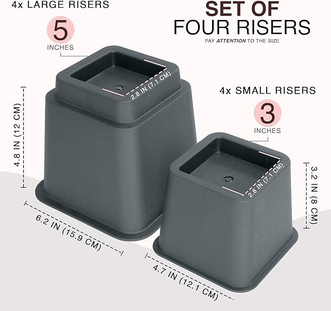 Utopia Bedding Bed Riser, 3 & 5 Inches Adjustable Furniture Risers for 8 Inch Combined Furniture Lift, Under Bed Storage & Dorm Room Essential, Supports Up to 1,300 lbs (4 Set, Grey)