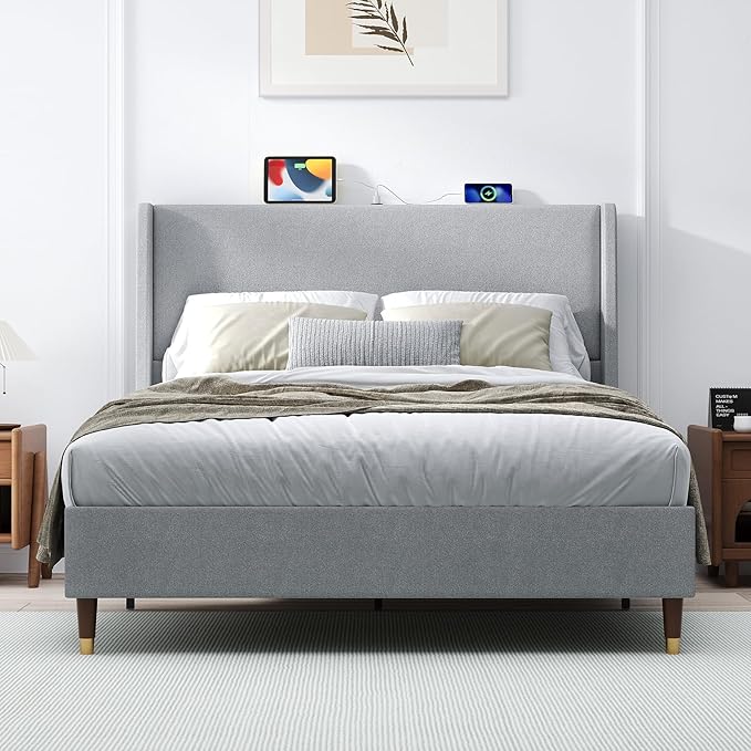 MALOL Queen Size Bed Frame with Upholstered Headboard, Linen Fabric Platform Bed Frame with USB Charging Ports, No Box Spring Needed, Sturdy Metal Support, Noise Free, Modern Bedroom Furniture,Grey
