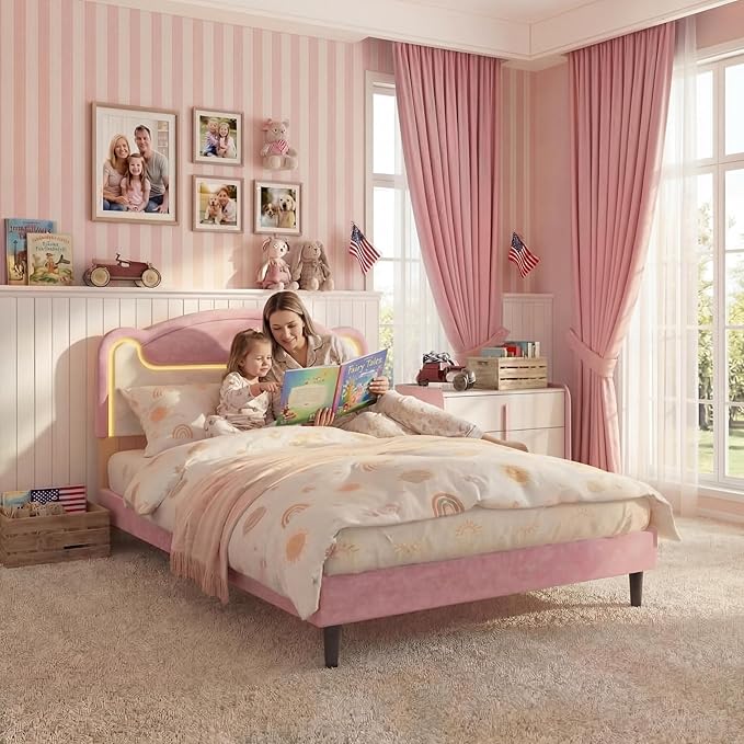 Garvee Full Size Upholstered Bed Frame with LED Lights & Fabric Headboard, Princess Platform Bed for Girls with Wood Slats, No Box Spring Needed (Pink White)