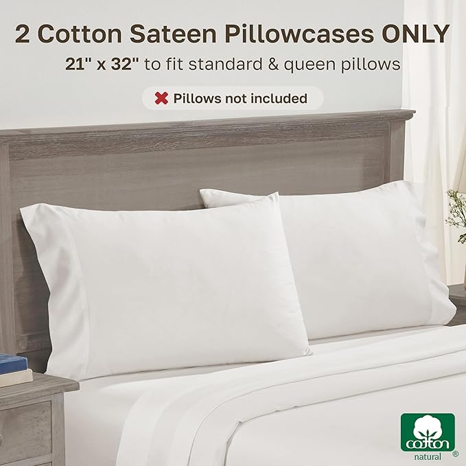 California Design Den Luxuriously Soft 100% Cotton Pillowcases Queen Size Set of 2-600 Thread Count Sateen, Fits Standard & Queen Pillows - True Ivory