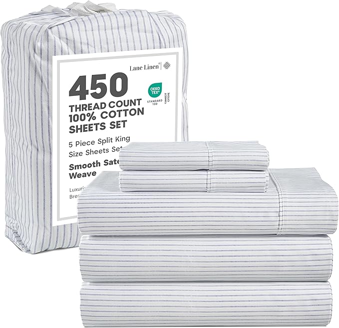 LANE LINEN Split King Sheet Sets for Adjustable Beds - 5 PCs, 450 Thread Count Split King Sheets Set - Sateen Weave King Split Sheets - Split Top King Sheets Set for Adjustable Bed - Tickling Stripe