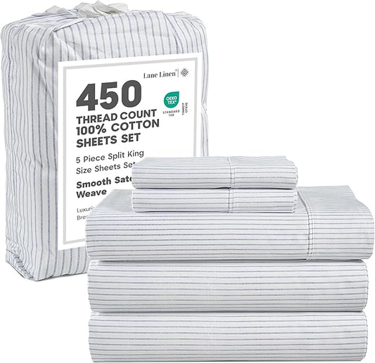 LANE LINEN Split King Sheet Sets for Adjustable Beds - 5 PCs, 450 Thread Count Split King Sheets Set - Sateen Weave King Split Sheets - Split Top King Sheets Set for Adjustable Bed - Tickling Stripe