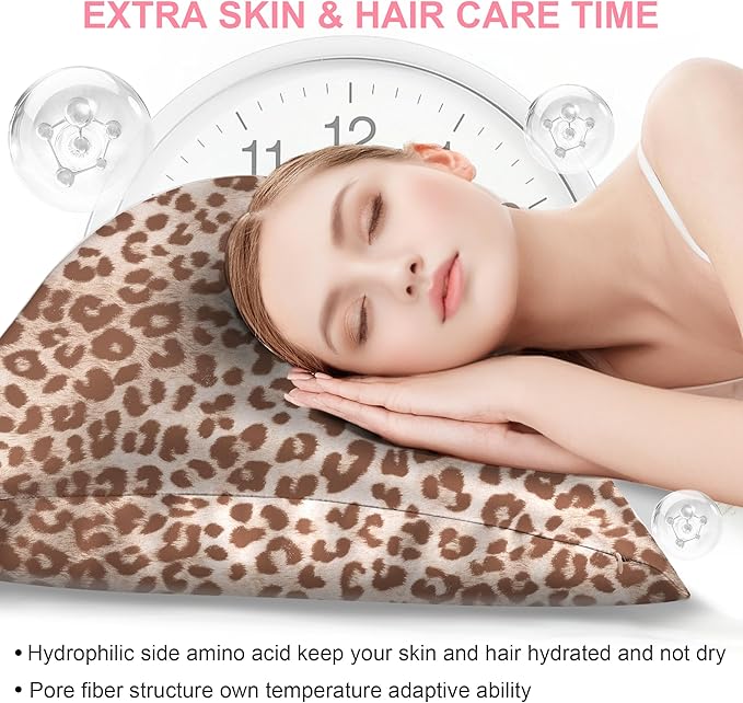 Silk Pillow Cases 2 Pack Standard Size with Hidden Zipper, Mulberry Silk Pillowcase for Hair and Skin, Smooth and Soft Breathable Cooling Silk Satin Pillowcase Set of 2, Gifts for Women，Leopard Beige