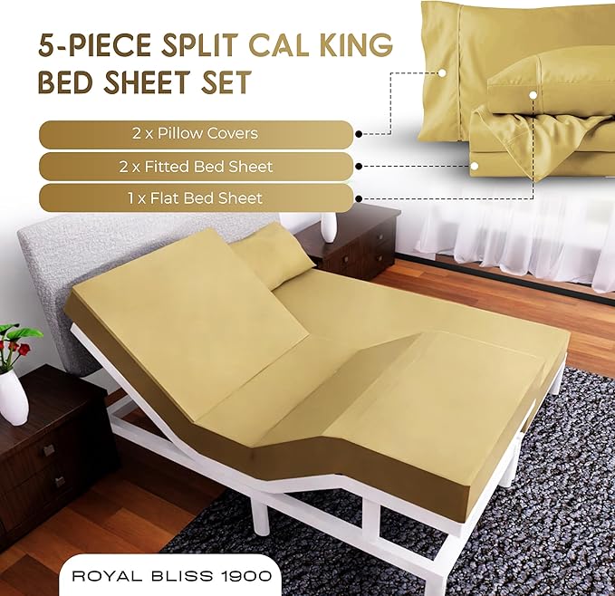 Split California King Sheets Sets - 5 Pcs Set - Split Cal King Sheets Sets for Adjustable Bed California Split King Sheets Sets Cal King Split Sheets for Adjustable Bed (Gold)