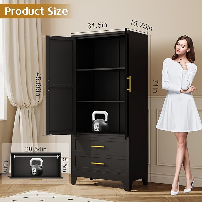 GAIOUS Steel Pantry Cabinet, 71" Metal Storage Cabinets with 2 Doors, 2 Adjustable Shelf and 2 Drawers, Freestanding Storage Cabinet for Bedroom, Kitchen, Home Office (Black)