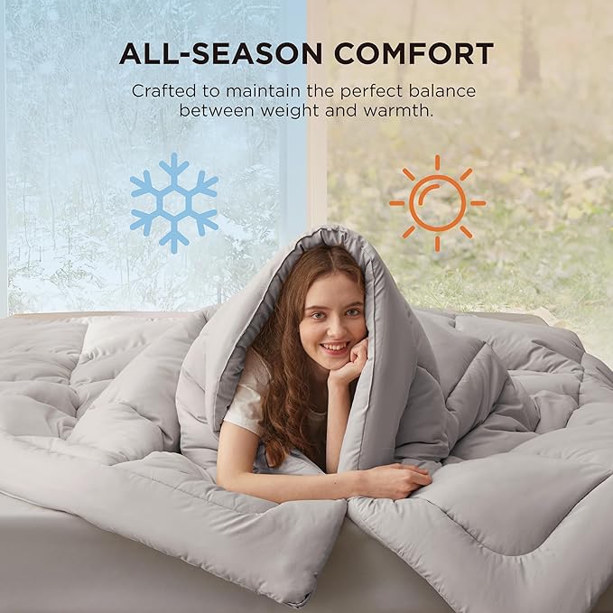 Bedsure Comforter Duvet Insert - Quilted Comforters Cal King Size, All Season Duvet, GentleSoft Down Alternative Bedding, with 8 Tabs, Gifts for Women/Men, Light Grey, California King 96 X 102 Inches