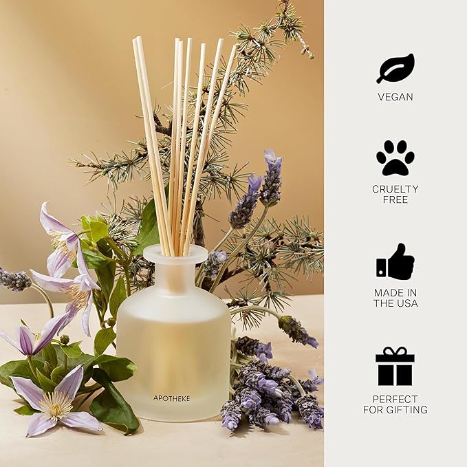 Apotheke Luxury Scented Reed Diffuser for Home, Hinoki Lavender - 6.7 Fl Oz Essential Oil Aromatherapy - 10 Rattan Scent Sticks Room Diffuser - Long-Lasting Fragrance for Bedroom, Home, Bathroom