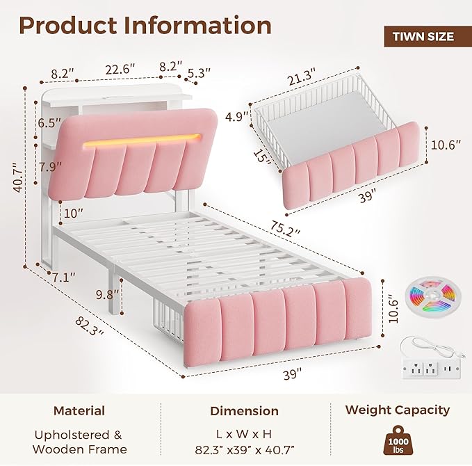 Twin Bed Frames with Storage Headboard for Kids/Girls, Upholstered Black Bed Frame Twin Size with Storage Drawers and Charging Station,Velvet Platform Metal Bed, Noise-Free, No Box Spring Needed