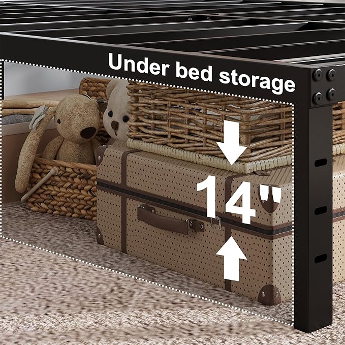 Upcanso 16 Inch Queen Bed Frame with White Skirt Cover, Metal Bed Frame Queen Size with Storage, No Box Spring Needed, Heavy Duty, Easy Assembly, Noise Free, Mattress Foundation