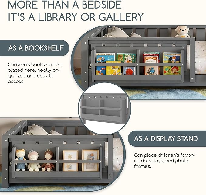 Bellemave Twin Floor Bed Frame with Fence & Bookshelf, Solid Pine Wood Twin Montessori Floor Bed with Slats Load 300LBS, Low Profile Floor Bed for Kids, Bedroom, Nursery, Easy Assembly, Grey