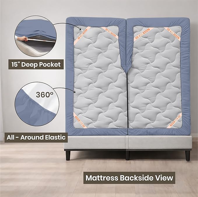 34 Inch Top Split King Flex Head Sheet Set for Sleep Number Beds -1000 Thread Count Egyptian Cotton sheets Mediterranean Blue Solid fits 15 inch Deep Mattress 1 Fitted sheet 1 Flat Sheet 2 Pillowcase