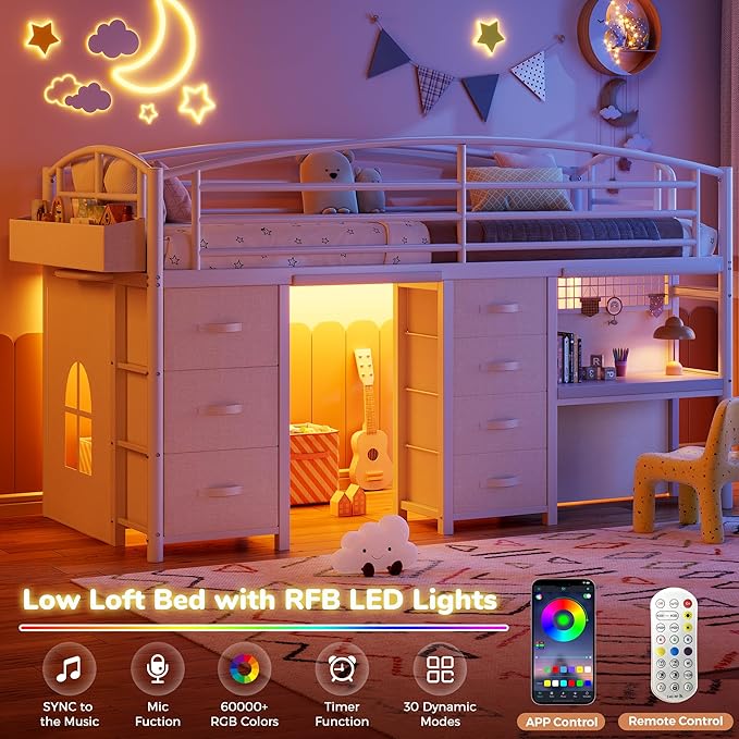 Low Loft Bed Twin Size with 7 Storage Drawers, Desk and LED Lights, Heavy Duty Metal Kids Loft Bed with 12" H Safety Guardrail, Anti-Collision Pad, Private Play Curtain, Under-Bed Play Space - White