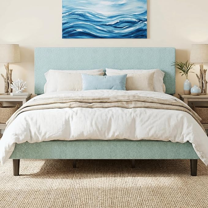 SHA CERLIN King Size Platform Bed Frame with Adjustable Headboard and Wooden Slats Support, Boucle Upholstered Mattress Foundation, No Box Spring Needed, Easy Assembly, Ice Blue