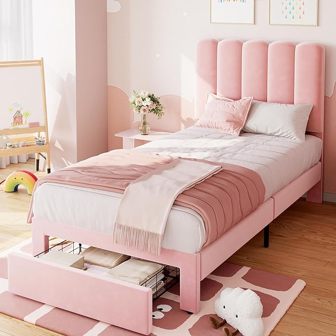 IDEALHOUSE Twin Bed Frame with Storage Drawer and Headboard, Velvet Upholstered Twin Platform Bed Frame for Girls, Strong Wooden Slats Support, Noise-Free, Easy Assembly (Pink)