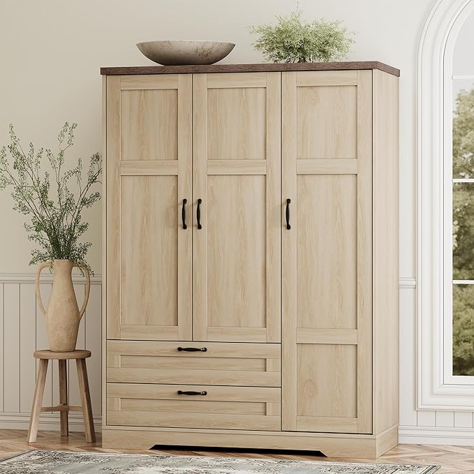 XIAO WEI Armoire Wardrobe Closet with 3 Door, Bedroom Wooden Armoires with Full Length Mirror, Large Clothing Storage Cabinet 2 Drawers, Hanging Rod (Natural, 3 Door)