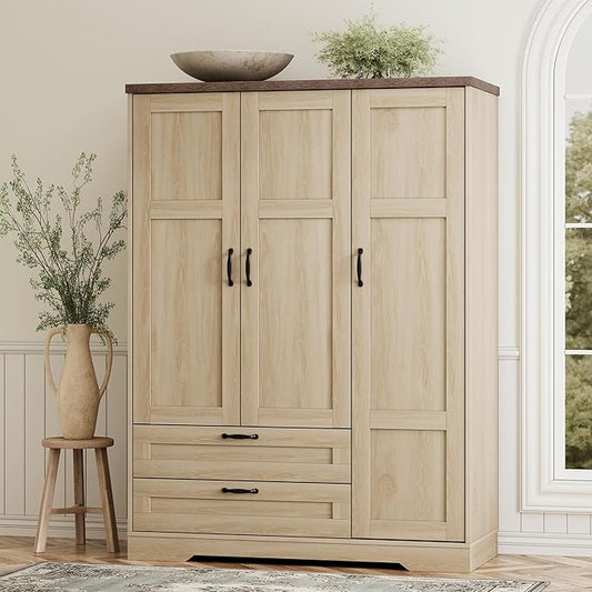 XIAO WEI Armoire Wardrobe Closet with 3 Door, Bedroom Wooden Armoires with Full Length Mirror, Large Clothing Storage Cabinet 2 Drawers, Hanging Rod (Natural, 3 Door)
