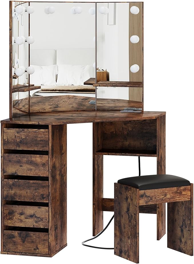 Garvee Corner Vanity Desk and Bench, Makeup Vanity Table with 3-Folding Lighted Mirrors, Charging Station, 5 Drawers for Bedroom