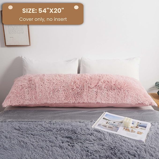 MEGO Shaggy Plush Body Pillow Cover, Pink Faux Fur Fluffy Body Pillowcase, 20x54 Boho Fuzzy Full Body Pillow Case, Furry Rectangular Long Big Throw Pillow Cover with Zipper Closure Ombre Pink