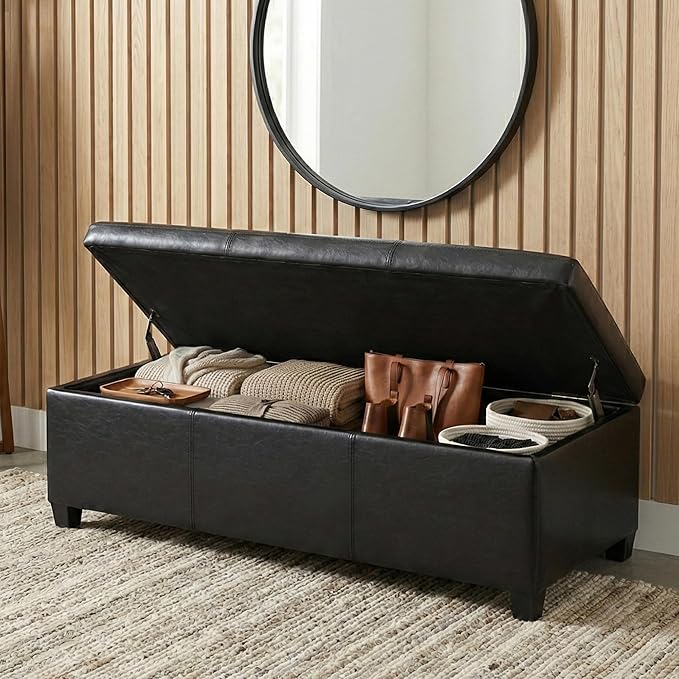 SIMPLIHOME Avalon Storage Ottoman Bench - 48" Wide x 16" High Upholstered Vegan Leather Rectangular Lift-Top Ottoman in Midnight Black, Contemporary Bench for Living Room with High-Density Foam