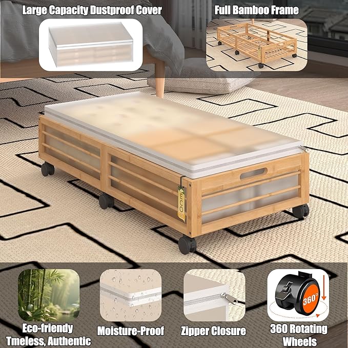 Bamboo Underbed Storage Containers with Wheels & Bag 2 Pack, Large Under Bed Rolling Storage Bins Wood Under Bed Clothes Storage Stackable Drawers for Bedroom Closet Under Crib Toy(Natural)