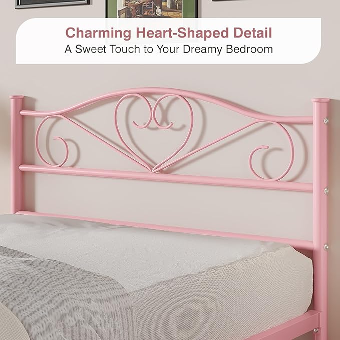 VECELO 14 Inch Twin Size Metal Platform Bed Frame with Headboard and Footboard, Heavy Duty Mattress Foundation with Steel Slats Support, No Box Spring Needed, Pink