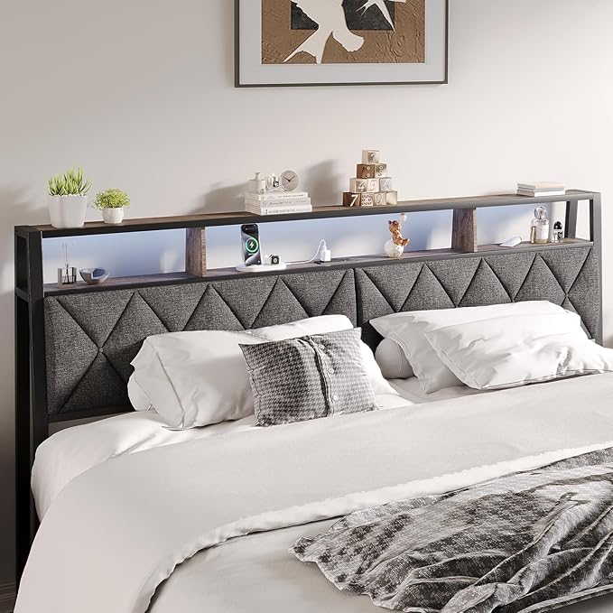 Full Headboard Only, Headboard for Full Size Bed with Storage, Upholstered Headboards with LED Lights & Charging Station, Attach Frame, Ideal for Bedroom/Dorm/Guest Room, Dark Grey & Brown