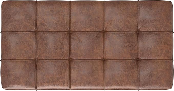 SIMPLIHOME Sienna Storage Ottoman Bench - 33 inch Wide Upholstered Vegan Leather Rectangle Storage Ottoman Bench in Distressed Saddle Brown, Transitional Tufted Ottoman for Living Room with Lift Top