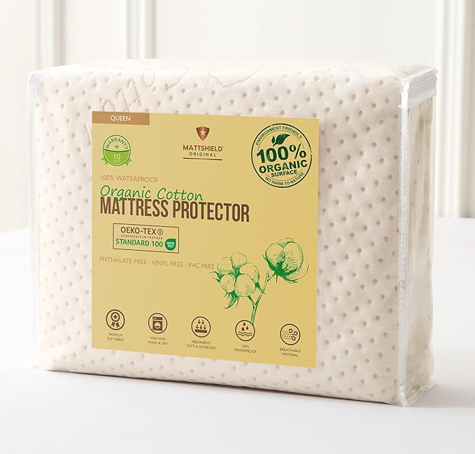 Luxury Waterproof Organic Mattress Protector Queen Size - Organic Cotton Breathable Mattress Pad Cover - Premium 380 GSM 3D Air Fabric - Deep Pocket - Jersey Cotton Skirt - Fitted Design