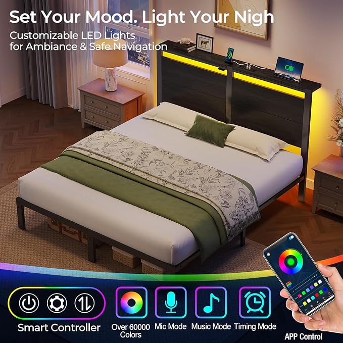 Rolanstar Full Size Bed Frame with Charging Station, LED Full Bed Frame with Wood Storage Headboard, Platform Bed with Metal Slats & Under Bed Storage, No Box Spring Needed, Noise Free, Black Oak