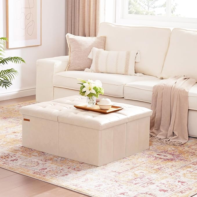 HAUSFRAU 31.5 Inches Ottoman with Storage Bench, Folding Ottoman Bench Small Foot Rest Stool, Bedroom Bench with Flipping Lid, Faux Leather Ivory