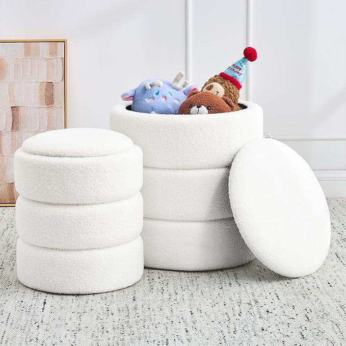 oakvivo Round Ottoman with Storage Set of 2, Soft Teddy Velvet Upholstered Foot Stool Vanity Chairs, Support 330lbs Padded Seat Multifunctional Ottomans Footrest, Foot Rest for Living Room, White