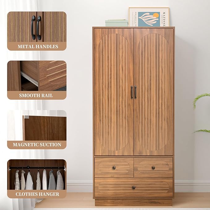 Jluomei Armoire Wardrobe Closet with Doors, Wardrobe Cabinet with 3 Drawers, Wooden Large Clothing Storage Cabinet with Hanging Rod and Shelf, Mid-Century Modern Tall Closet for Bedroom, Walnut | with Doors, Wardrobe Cabinet, with 3 Drawers, with Hangi...