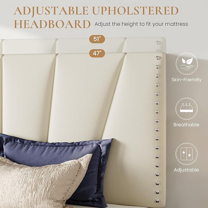 SHA CERLIN Full Size Bed Frame with Adjustable Upholstered Velvet Rivets Headboard, Sturdy Wooden Slats, Strong Platform Support for Mattress, No Box Spring Needed, Easy Assembly, Cream
