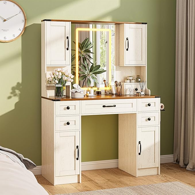 KAMABOKO Vanity Desk with Mirror and Lights, Large Makeup Vanity with 5 Drawers and 4 Storage Cabinets, 3 LED Lights Modes, Brown Dressing Table Set for Girls Bedroom