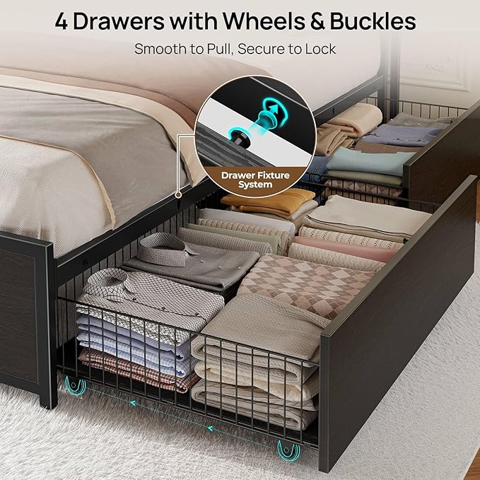 Rolanstar Queen Bed Frame with 4 Storage Drawers, Charging Station and LED Lights, Metal Platform Bed with 2-Tier Storage Headboard, No Box Spring Needed, Easy Assembly, Noise-Free, Black