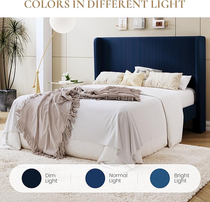 SHA CERLIN Queen Size Corduroy Upholstered Platform Bed Frame with Vertical Channel Tufted Wingback Headboard, 8" Under Bed Storage, Wooden Slats & Metal Frame Support, Easy Assembly, Dark Blue
