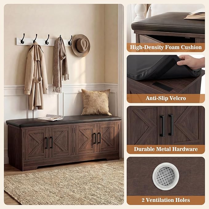 Farmhouse Shoe Storage Bench with Cushion - 43.3" Entryway Bench with Storage & 4 Barn Doors, 2-Tier Wooden Shoe Rack Bench, Shoe Cabinet & Mudroom Bench for Bedroom Hallway Living Room, Black Walnut
