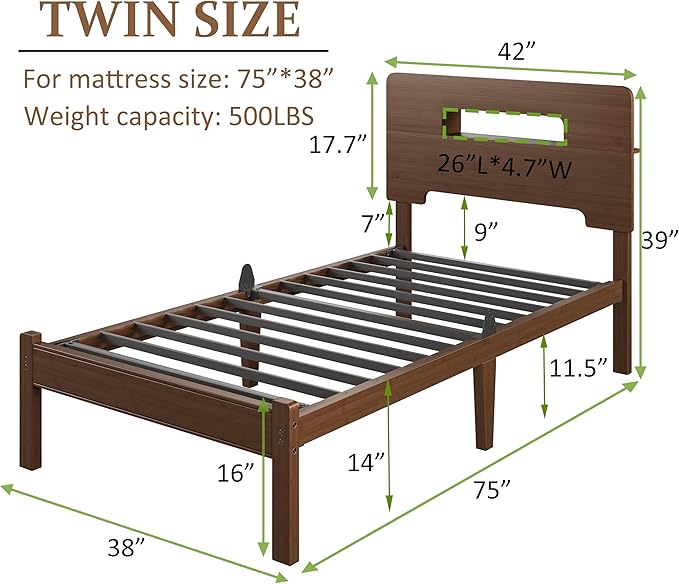 ZIYOO 14 Inch Twin Size Bed Frame, Walnut Bamboo Platform Bed with Solid Frame & Heavy-Duty Iron Slats, No Box Spring Needed, Noise-Free Design