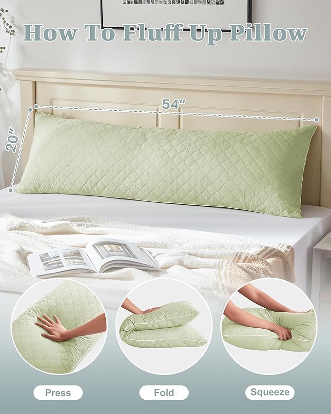 YZ HOME Long Body Pillow for Adults, Firm Body Pillow Shredded Memory Foam, Adjustable Height,Support for Side Sleeping & Pregnant Women(Green, 20x54 Inch)