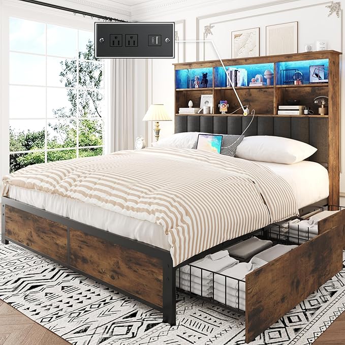 Lifezone Queen Bed Frame with Headboard, Queen Bed Frame with High Storage Bookcase Headboard, 4 Storage Drawers & Charging Station, No Box Spring Needed/Noise Free/All-Metal Support, Vintage Brown