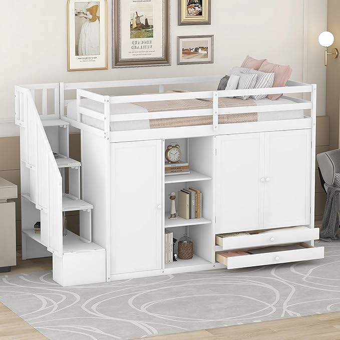 Twin Loft Bed With Stairs and Storage, Wood Frame With 2 Wardrobes, Drawers, Shelves, and Staircase for Kids Teens Adults, White