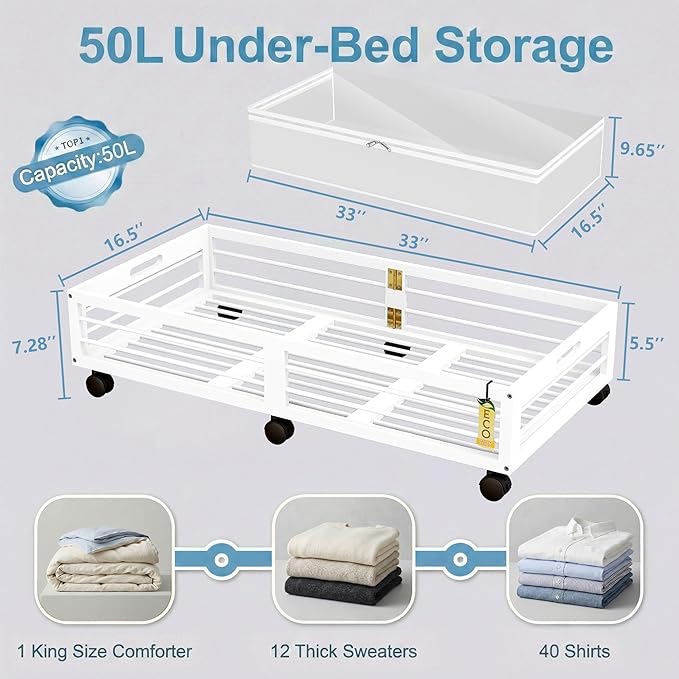 Bamboo Underbed Storage Containers with Wheels & Bag 2 Pack, Large Under Bed Rolling Storage Bins Wood Under Bed Clothes Storage Stackable Drawers for Bedroom Closet Under Crib Toy(White)