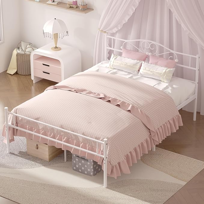 VECELO 14 Inch Queen Size Metal Platform Bed Frame with Headboard and Footboard, Heavy Duty Mattress Foundation with Steel Slats Support, No Box Spring Needed, White