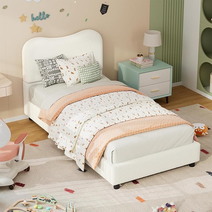 Boucle Twin Bed Frame for Kids with Upholstered Headboard, Low Profile Sturdy Platform Bed with Soft Boucle Fabric for Girls and Boys, Heavy Duty, Wooden Slats, Noise Free, No Box Spring Needed, White
